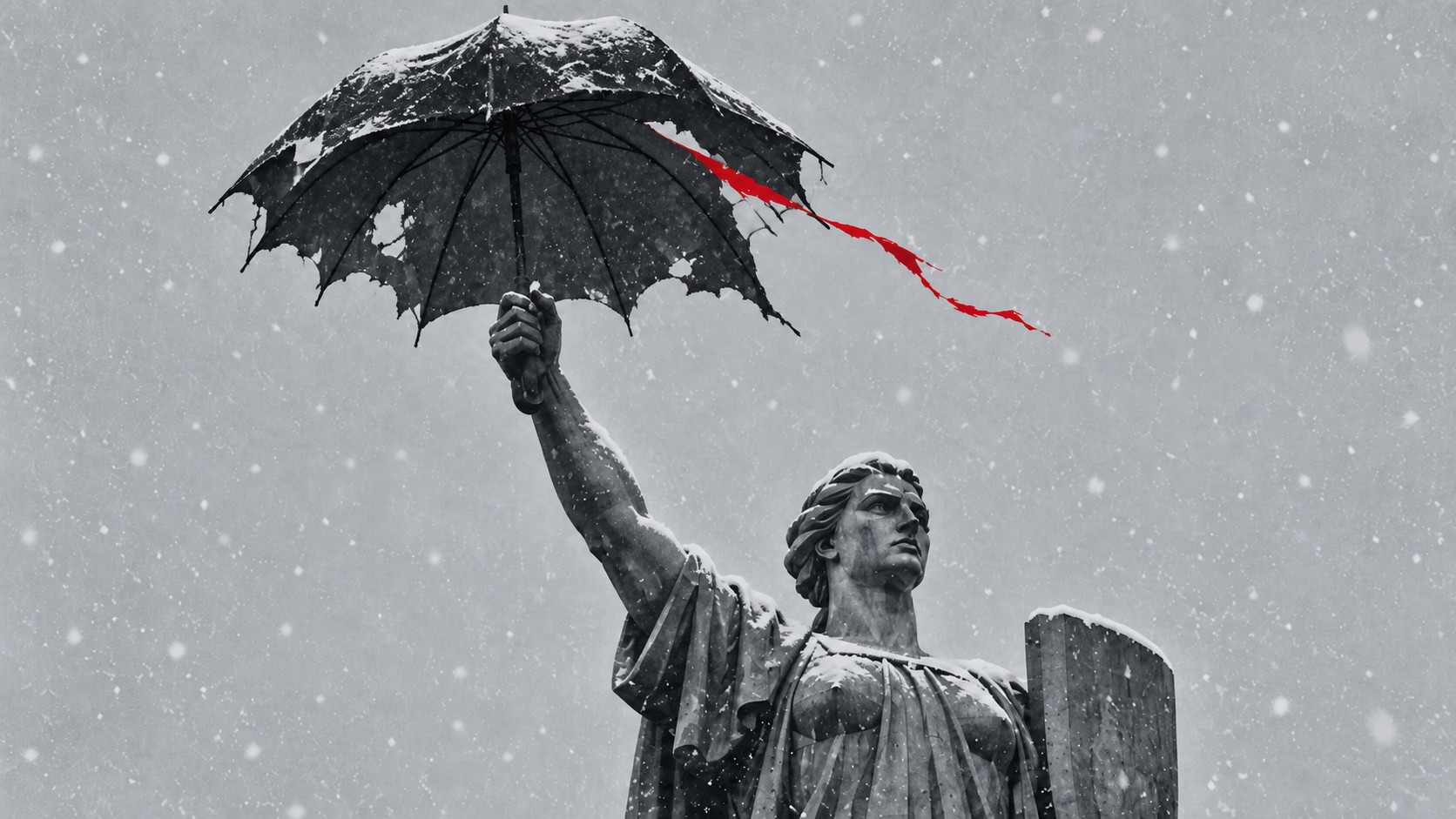 Estatua bajo un paraguas roto durante una nevada, imagen conceptual sobre la defensa aérea de Kiev
