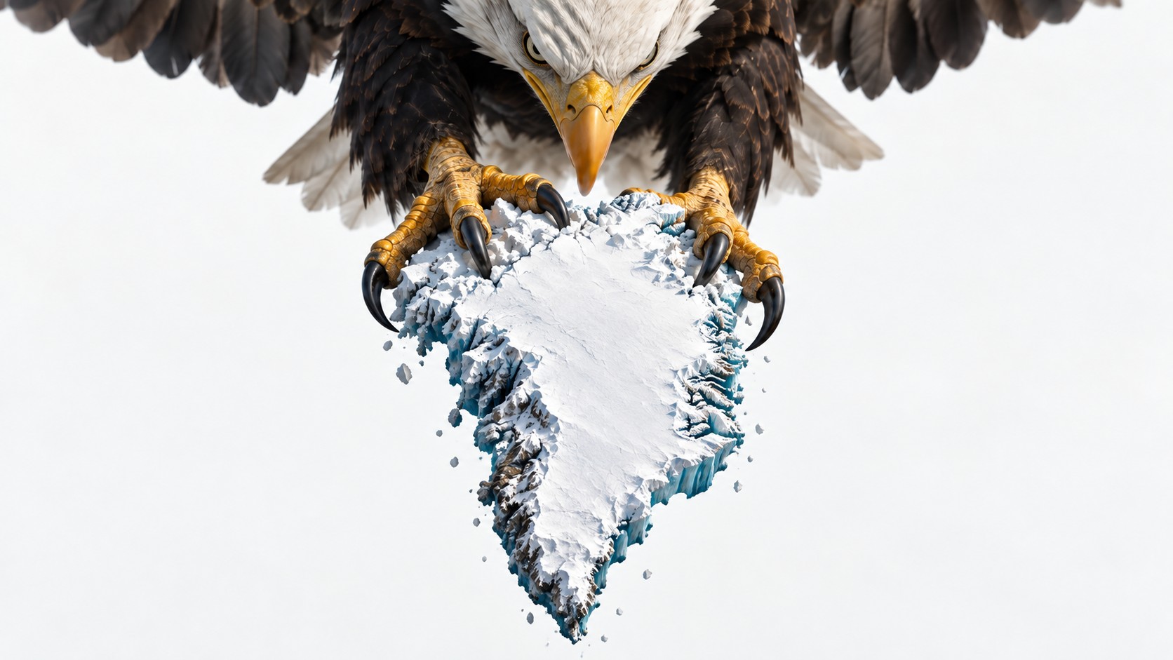 Águila calva sujetando una representación helada de Groenlandia sobre un fondo blanco
