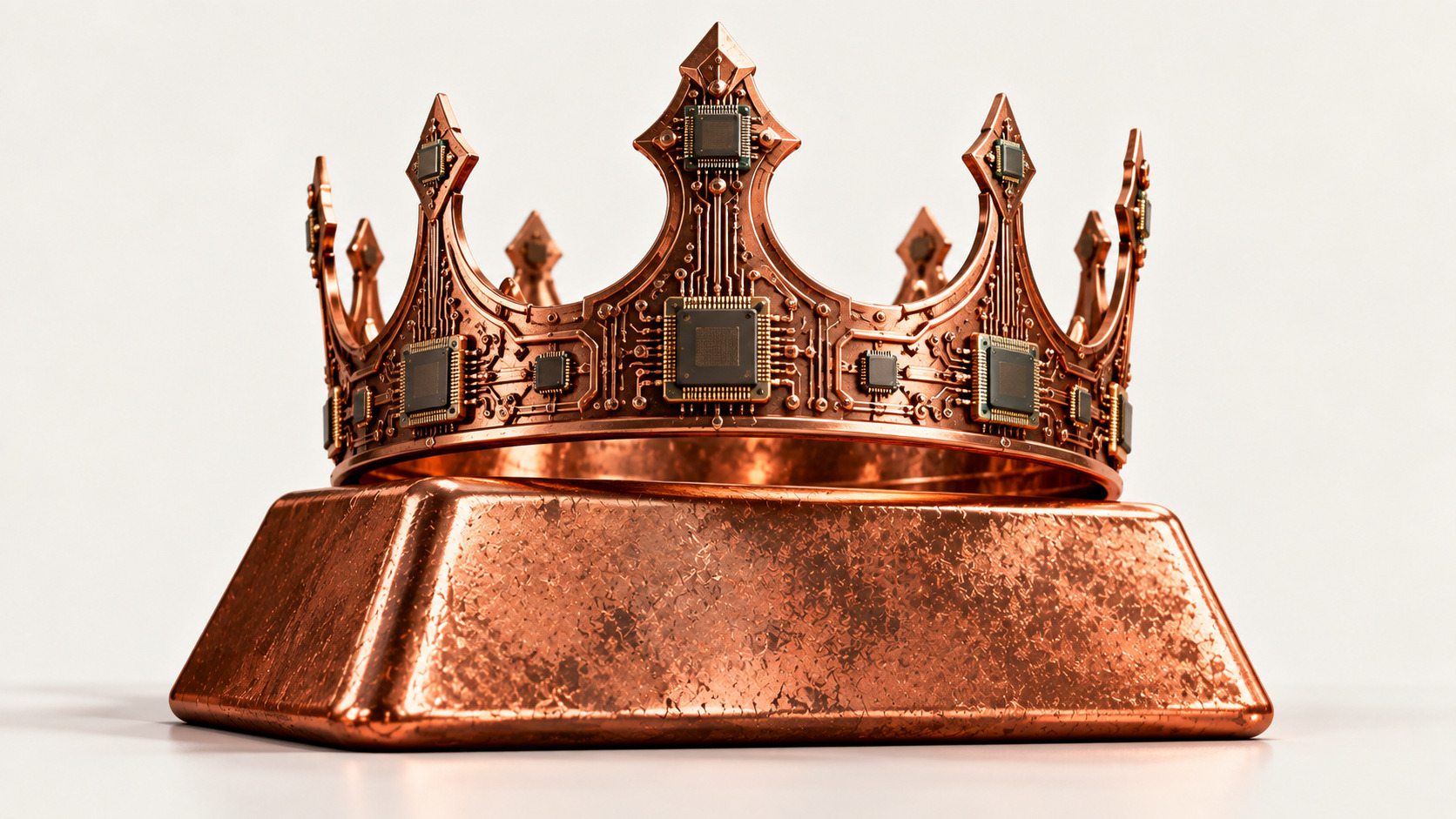 Corona de cobre decorada con microchips sobre un lingote de cobre