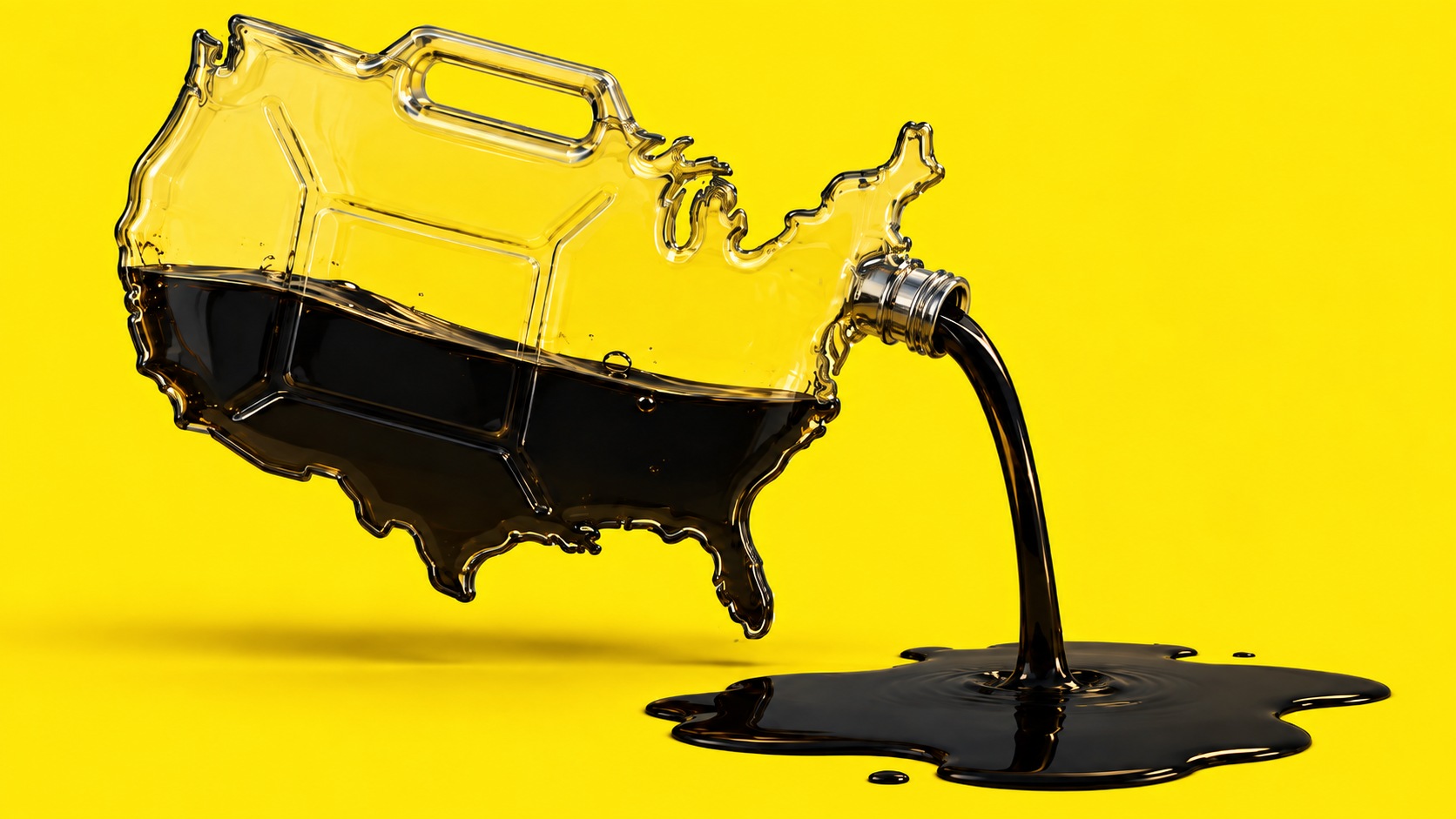 Recipiente transparente con la silueta de Estados Unidos, parcialmente lleno de petróleo y vertiendo crudo sobre un fondo amarillo