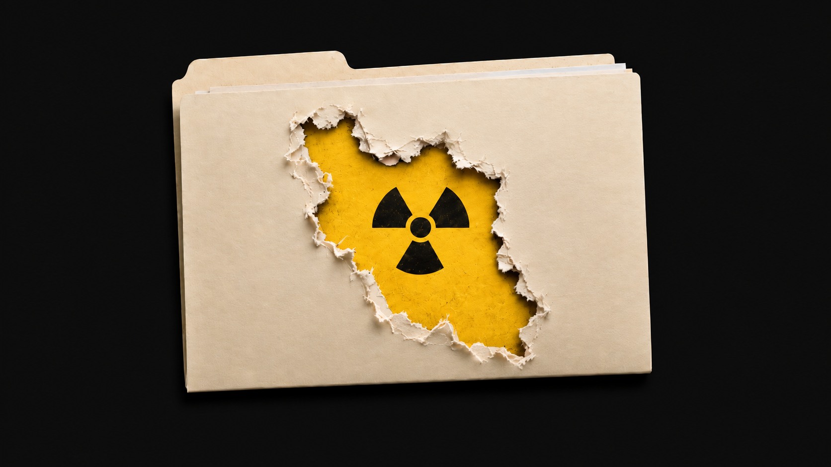 Carpeta de documentos clara con la silueta amarilla de Irán y un símbolo nuclear sobre fondo oscuro