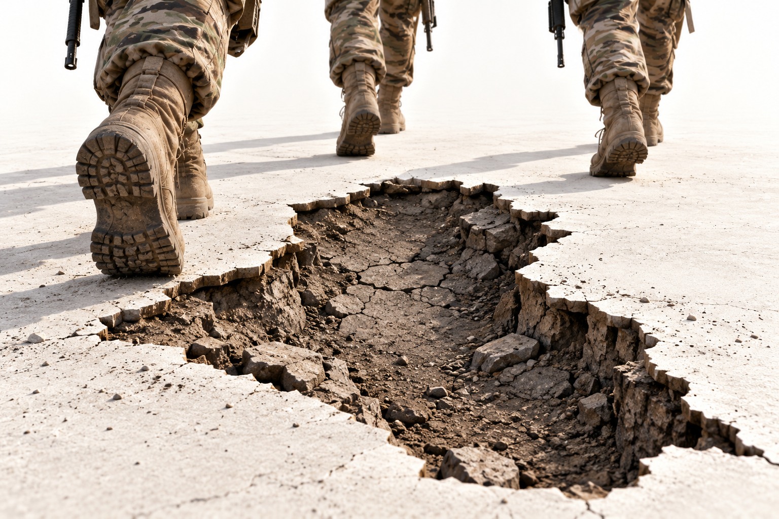 Imagen conceptual de soldados alejándose de una grieta en el terreno, asociada a la retirada de fuerzas de Irak