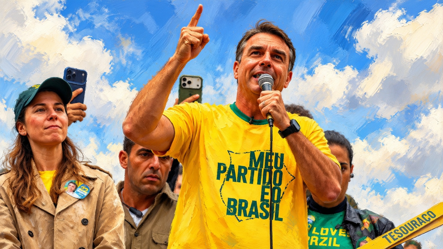 Flávio Bolsonaro durante un acto de campaña en Brasil