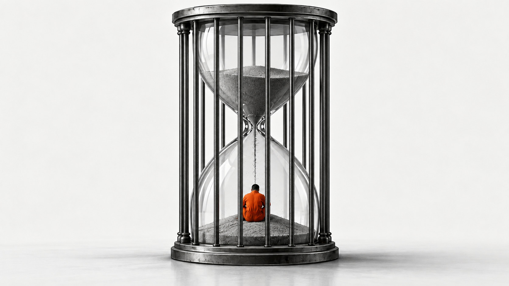 Reloj de arena encerrado tras barrotes metálicos, con arena gris cayendo sobre un preso vestido de naranja