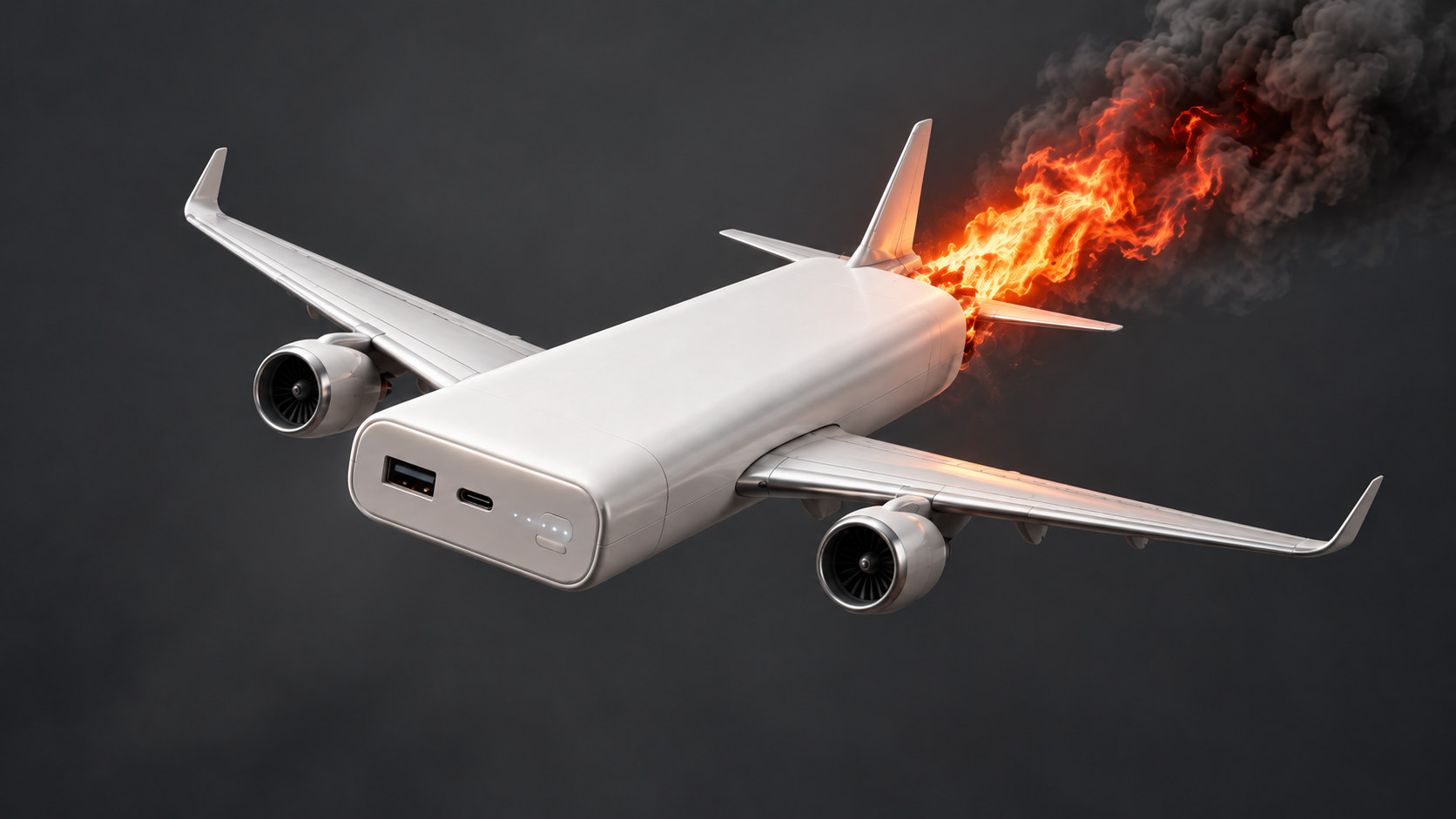 Ilustración de una batería externa blanca con alas de avión que arde por la parte trasera y deja una estela de fuego y humo