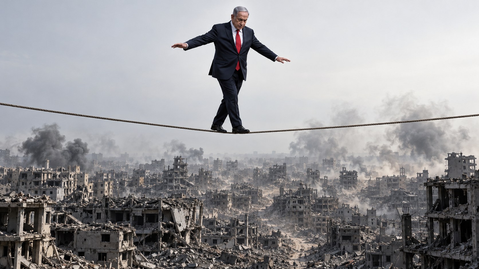 Ilustración editorial de Benjamín Netanyahu caminando sobre una cuerda suspendida sobre una ciudad devastada, con edificios destruidos y columnas de humo
