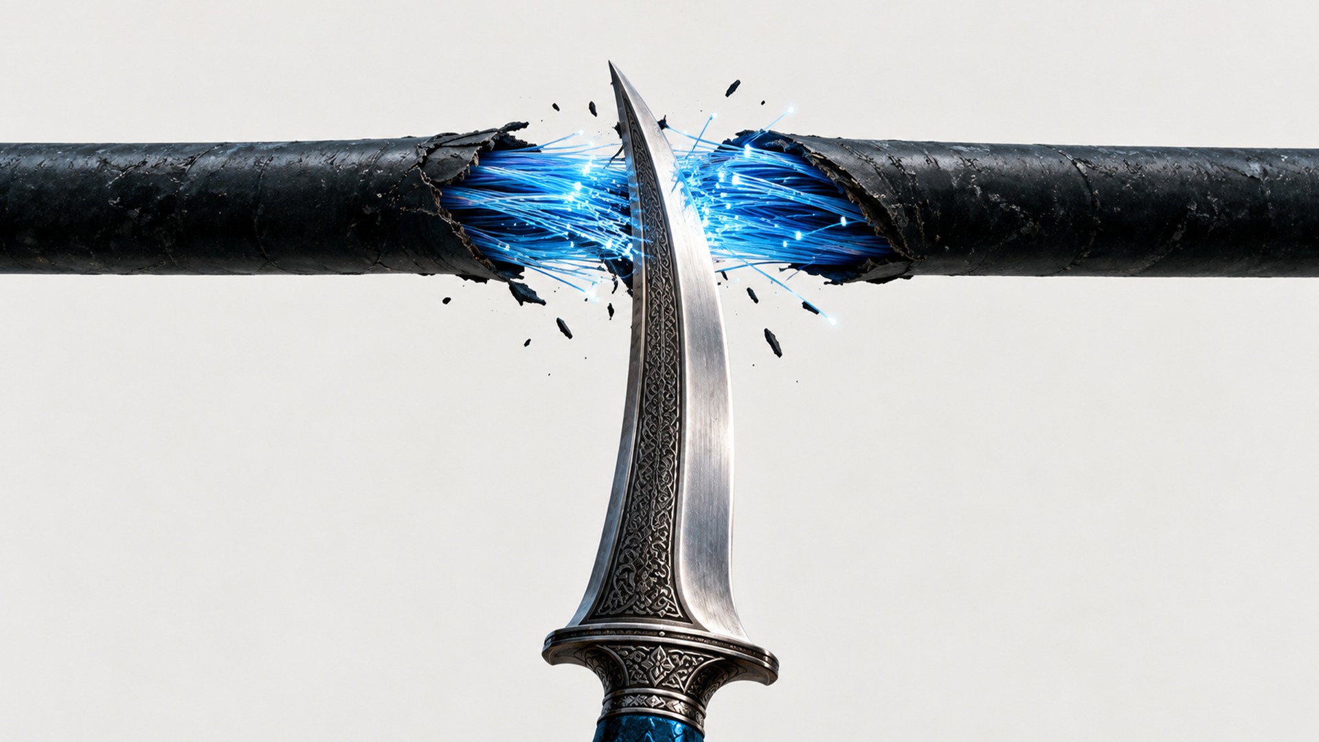 Un puñal metálico ornamentado atraviesa un cable negro y deja expuestos filamentos de fibra óptica azul