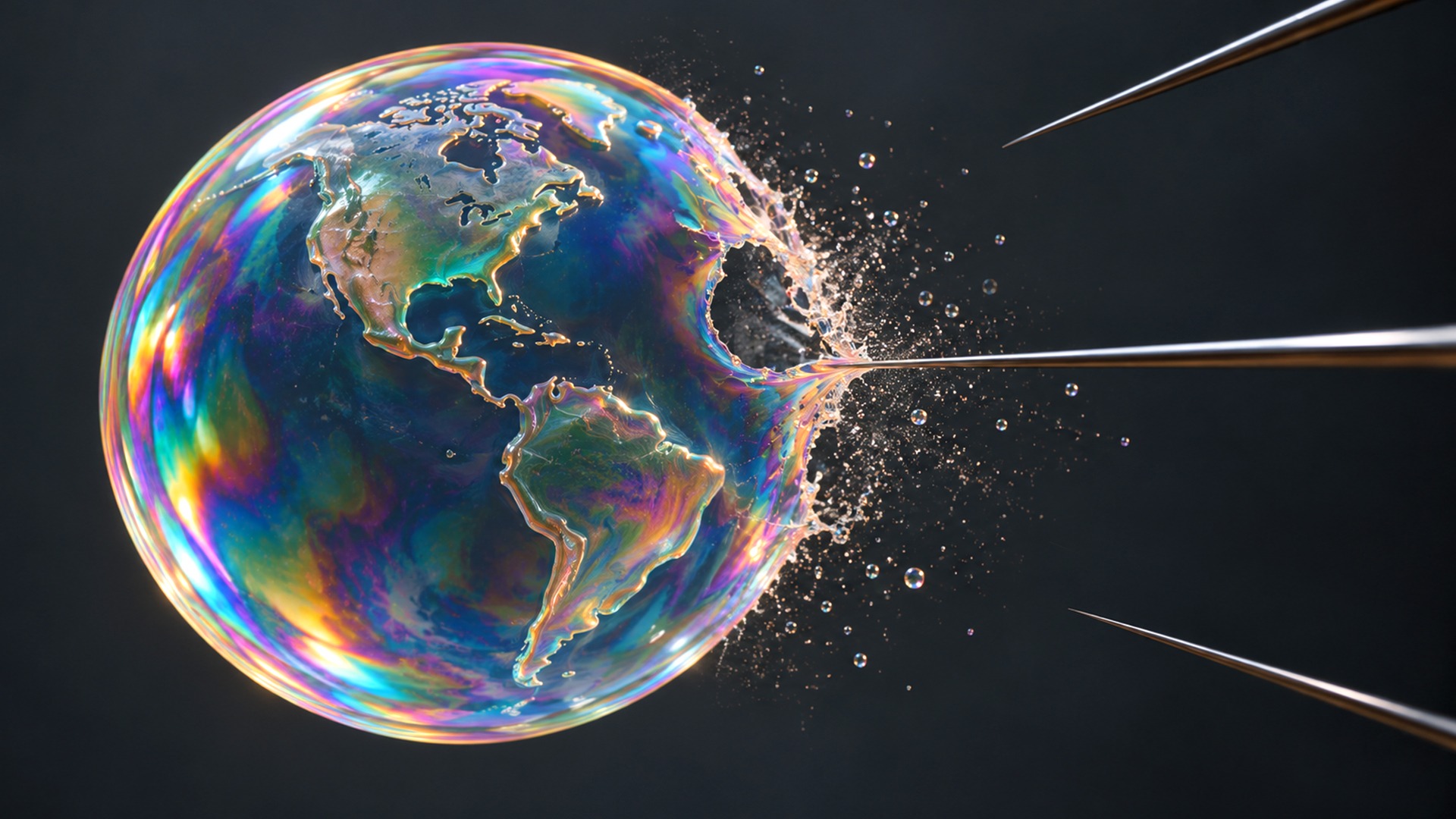 Ilustración conceptual del planeta como una burbuja iridiscente que comienza a romperse frente a tres agujas