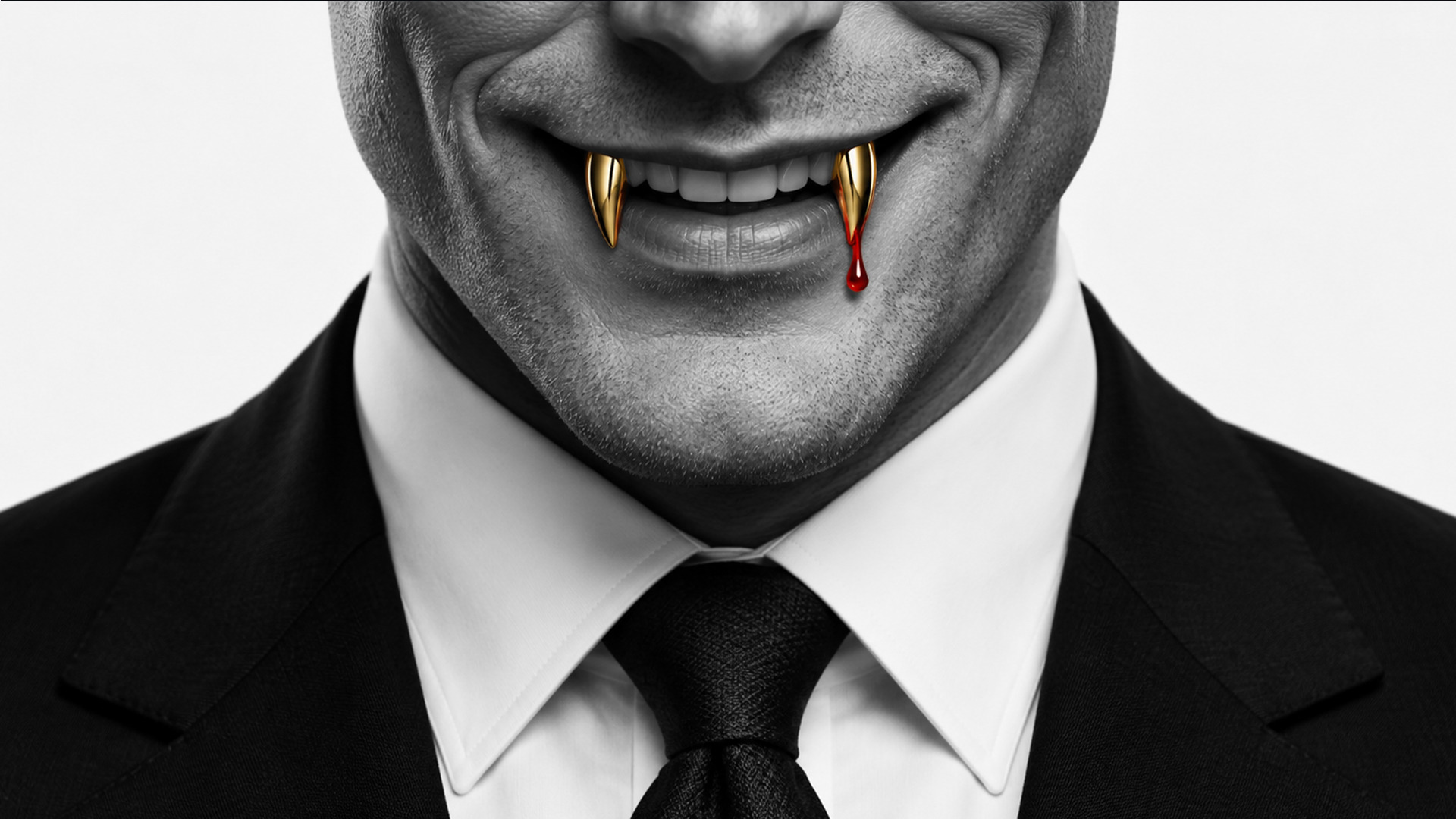 Sonrisa monocromática de un hombre de traje con colmillos dorados y una gota roja, metáfora de los vampiros contemporáneos