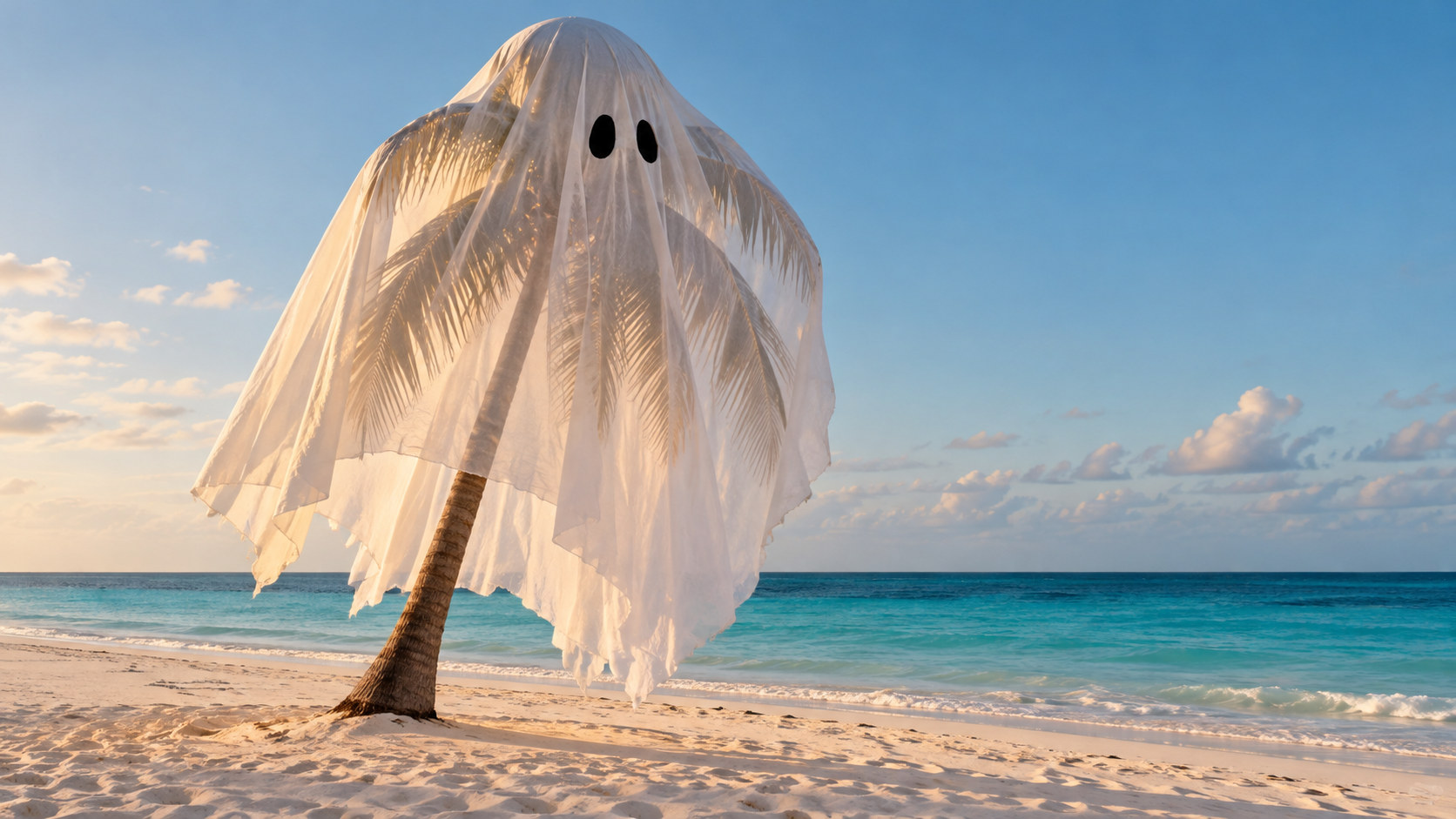 Palmera tropical con una sábana blanca de fantasma y ojos oscuros, en una playa caribeña desierta