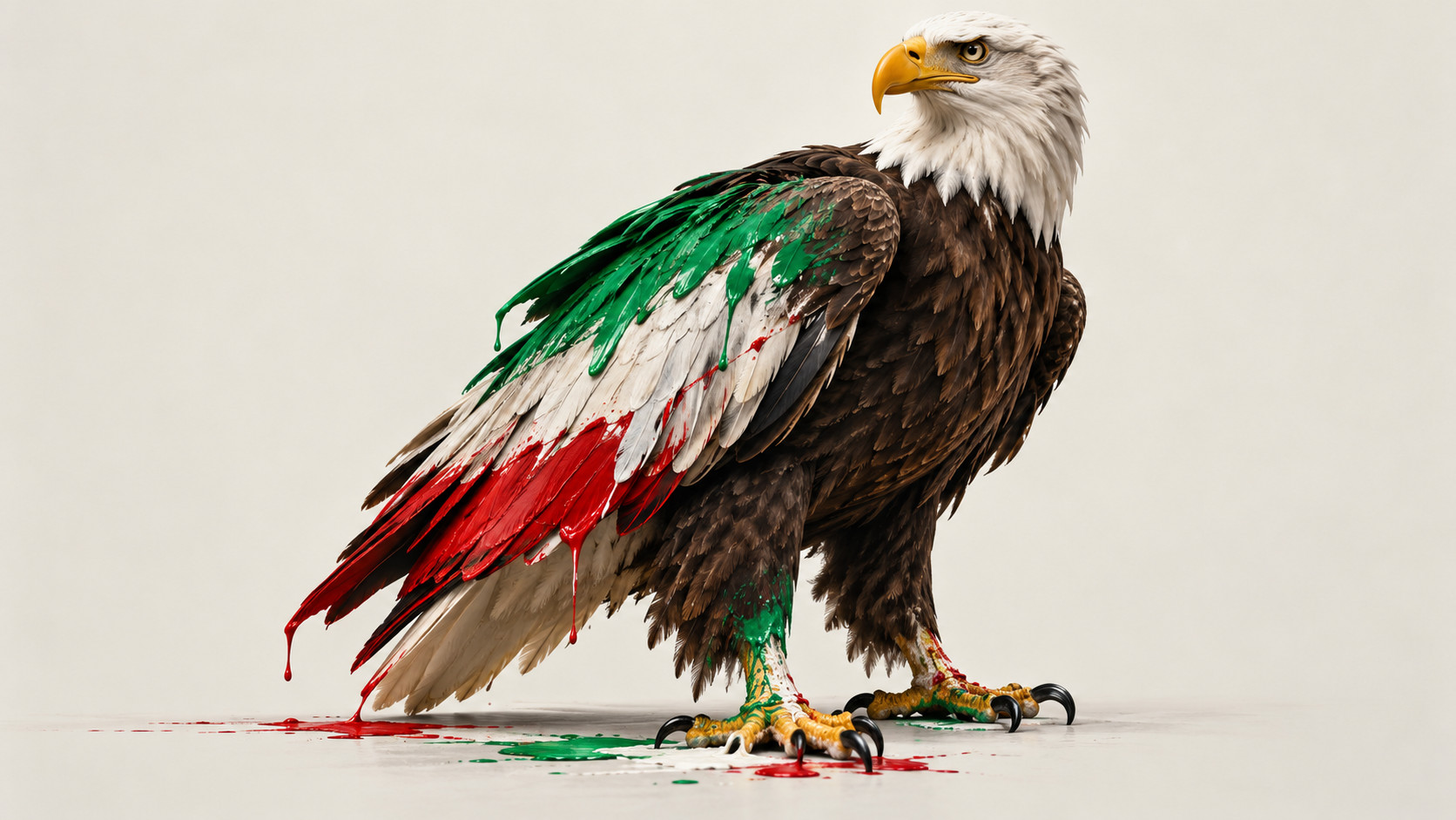 Ilustración editorial de un águila de cabeza blanca cuyas plumas están cubiertas por pintura verde, blanca y roja, alusiva a Irán