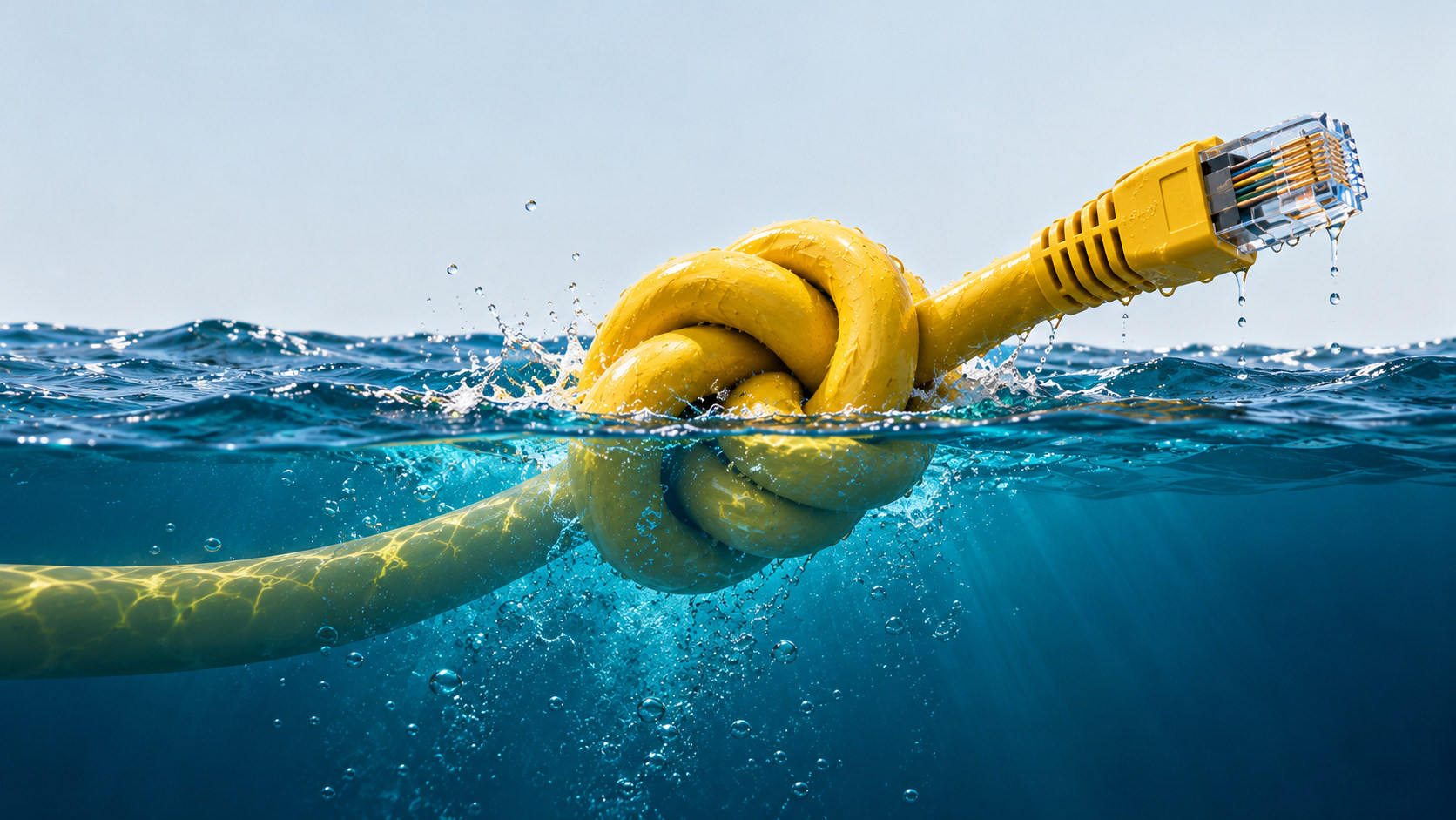 Cable amarillo con un nudo que emerge de las aguas del mar, símbolo de los problemas de conectividad submarina
