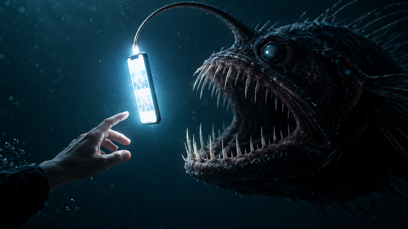 Un pez abisal utiliza un teléfono luminoso como señuelo mientras una mano se acerca en la oscuridad del océano.