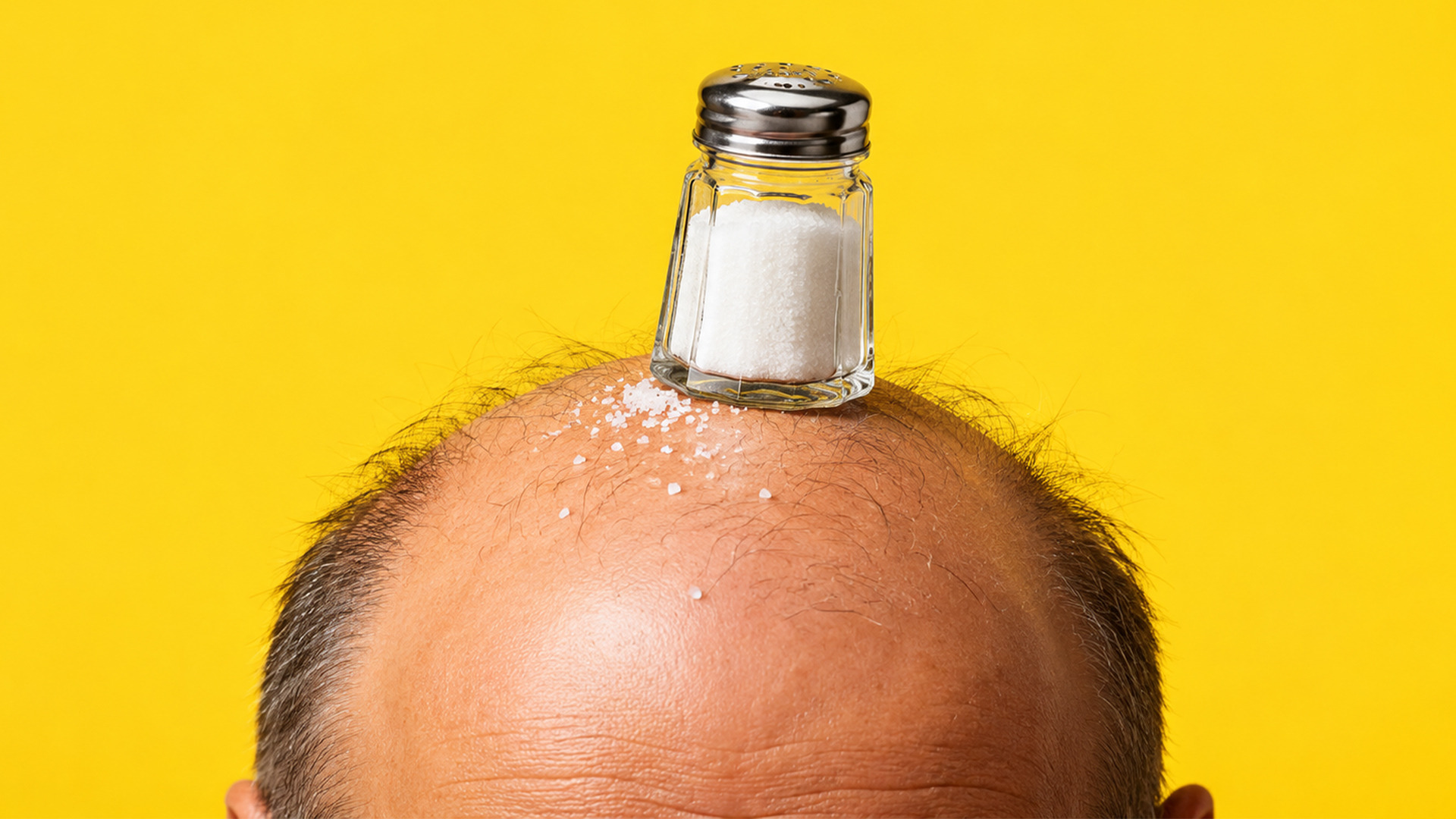 Un salero de vidrio sobre la cabeza de un hombre con pérdida de cabello, frente a un fondo amarillo